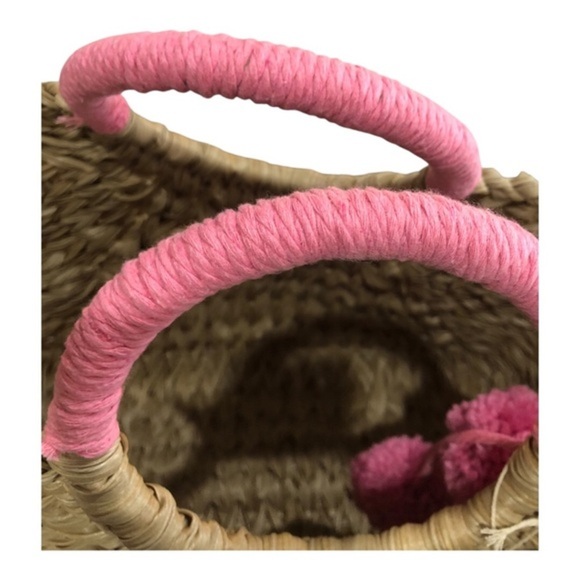 Wicker style straw natural basketweave pink knit pompom oversized beach tote new - Picture 3 of 16